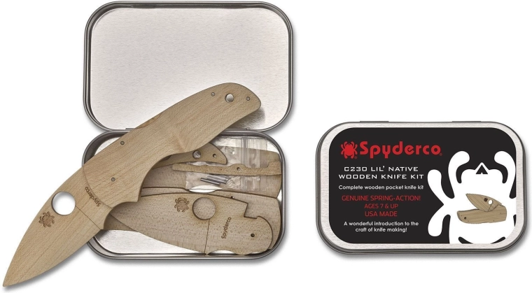 Drevená stavebnica noža Spyderco Lil' Native v plechovej krabičke