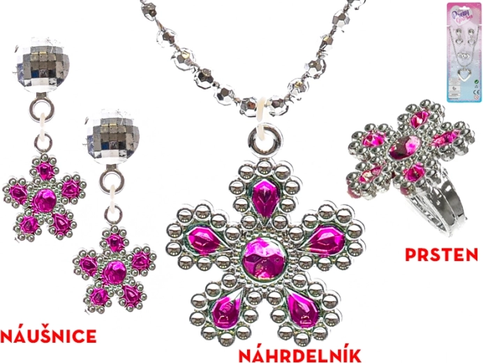 Detská trblietavá sada bižutérie – náhrdelník a náušnice (srdce alebo kvet)