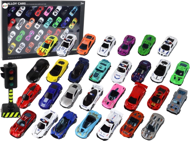 Súprava Hliníkových Modelov Autíčok v Krabici 30 Kusov Športové Policajné Autá