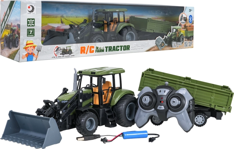 Zelený RC traktor s čelným nakladačom a prívesom v mierke 1:20