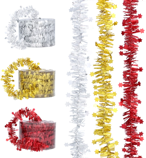 Vianočný strapcový reťaz s hviezdičkami 7 m – červený, zlatý a strieborný