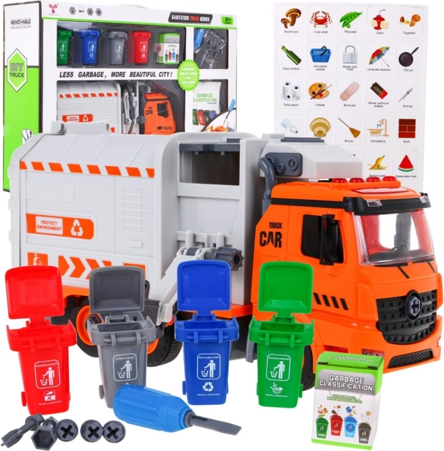 Interaktívne smetiarske auto pre deti 3+ so 4 kontajnermi a kartičkami na triedenie odpadu