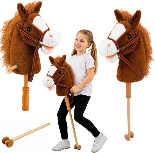 Hobby horse na tyči s drevenou rukoväťou, zvuky cvalu a erdžania, hnedý 100 cm