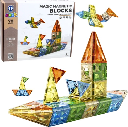 Magnetické stavebné kocky 3D, farebné, 78 dielov