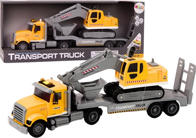 Žltý nákladný voz s pásovým rýpadlom so svetlami a zvukmi