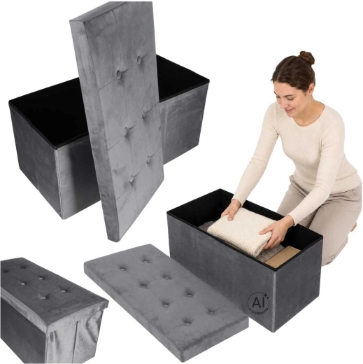 Skladacia velúrová pufa s úložným priestorom sivá 77 × 38 × 37 cm