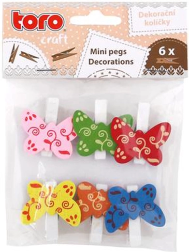 Drevené dekoračné štipčeky s motýľmi, 6 ks
