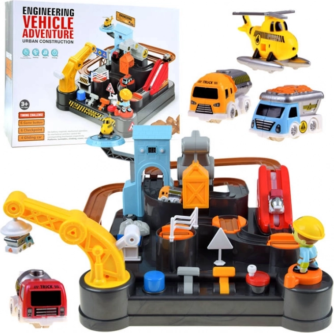 Mechanická stavebná dráha s autíčkami a vrtuľníkom