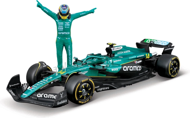 Model Formuly 1 Bburago Aston Martin AMR25 2025 s figúrkou jazdca Fernando Alonso (č. 14) 1:24