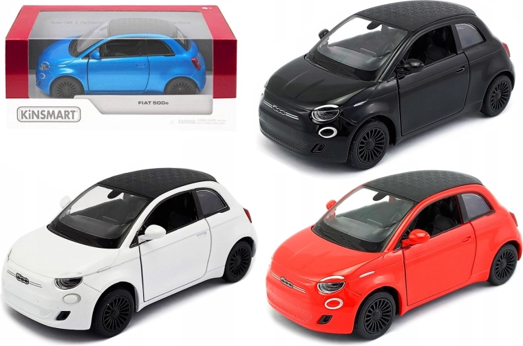 Kinsmart Fiat 500e kovový model 1:28 s natiahovacím pohonom