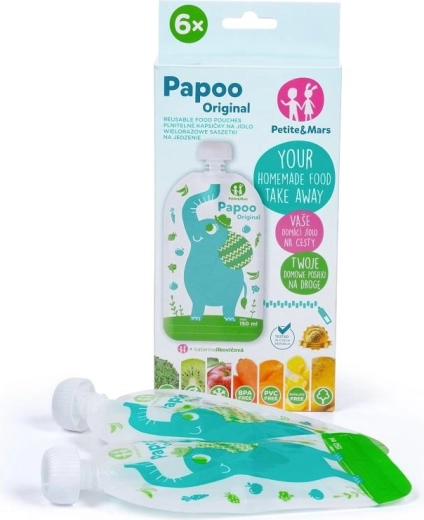 Petite&Mars opakovane použiteľné kapsičky na jedlo Papoo slon 150 ml (6 ks)