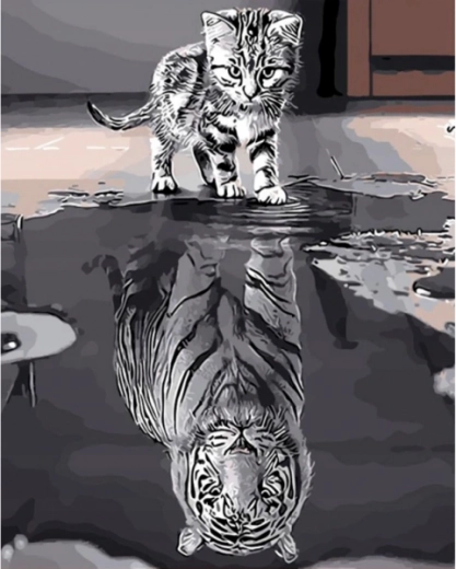 Diamantové vyšívanie (diamond painting) zrkadlový odraz – mačiatko a tiger - 1 kus