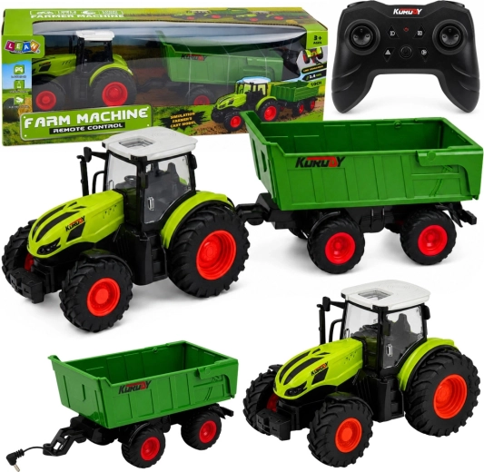 RC poľnohospodársky traktor s vyklápacím prívesom 1:24 s LED svetlami
