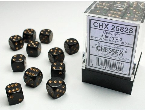 Chessex opaque čierne/zlaté kocky d6 12 mm (36 ks)