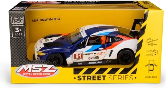 Model pretekárskeho vozidla BMW M4 GT3 v mierke 1:24 v modro-bielom vyhotovení