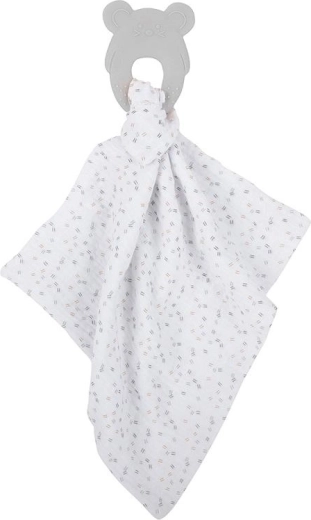 NATTOU silikónové hryzadlo s bavlnenou mušelínovou dečkou 28 × 28 cm, sivé