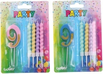 Párty sviečka číslo 9 s doplnkovými sviečkami
