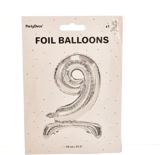 Stojaci fóliový balónik číslo 9 strieborný 70 cm