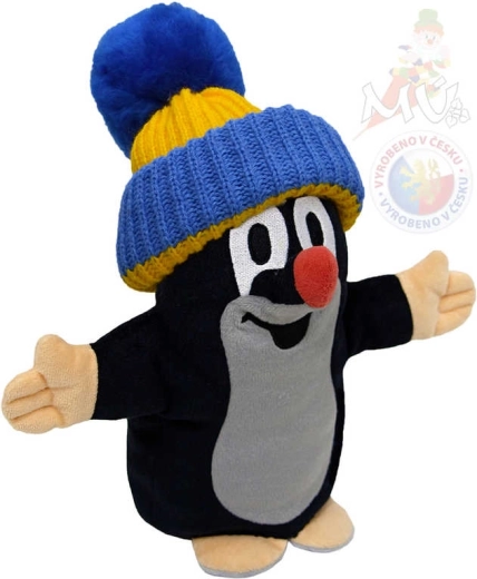 Moravská ústredňa Krtko – maňásek s modro-žltým kulichom 25 cm