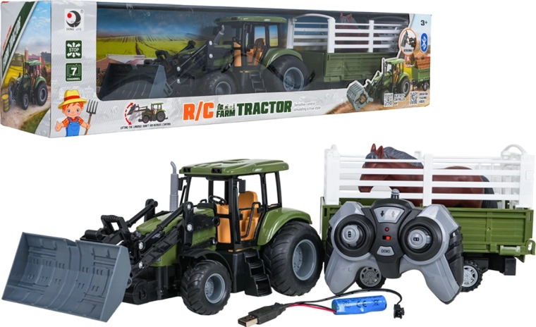 Zelený diaľkovo ovládaný traktor s nakladačom, prívesom a koňom 1:20