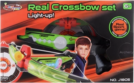 Svietiaca detská kuša so šípmi s prísavkou a terčom – strelecký set na batérie, 6+