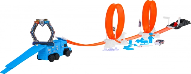 Policajná pretekárska dráha s dvoma slučkami a vystreľovačom, auto meniace farbu (62 dielov)