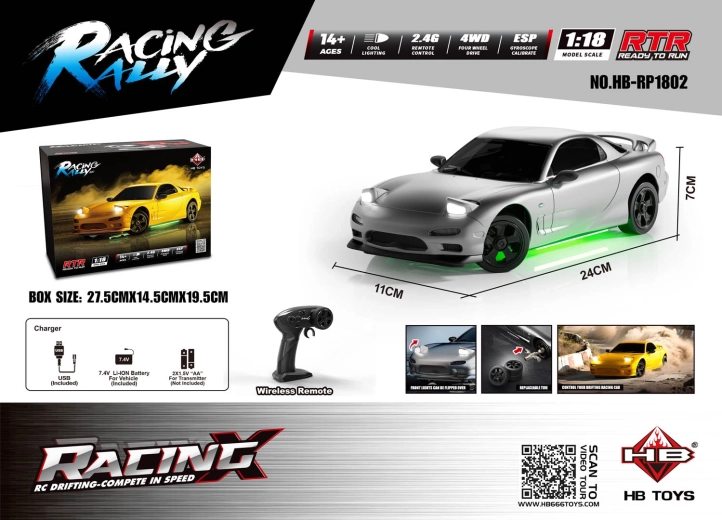 RC driftovacie auto TurboSlide 1:18 so svetelnými efektmi, strieborné