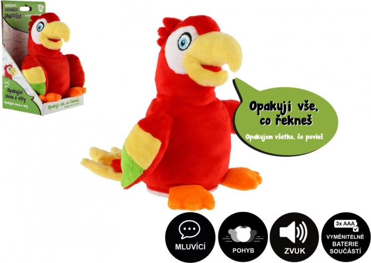 Papagáj Jaroušek opakujúci vety plyšová hračka