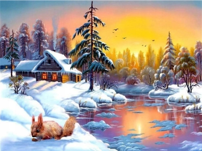 Norimpex diamantové maľovanie zimný dom pri jazere s veveričkami 30 × 40 cm