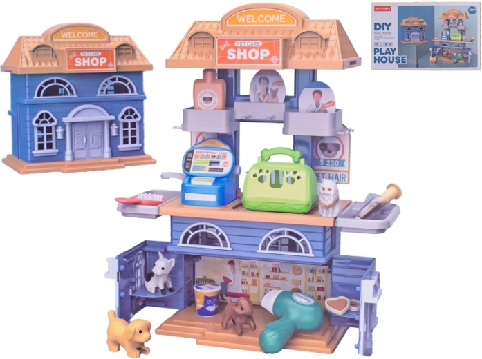 Zvierací domček a obchod 2 v 1 s doplnkami, 33 ks