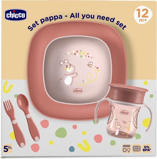 Chicco jedálenská sada pre deti s 360° hrnčekom ružová 12m+