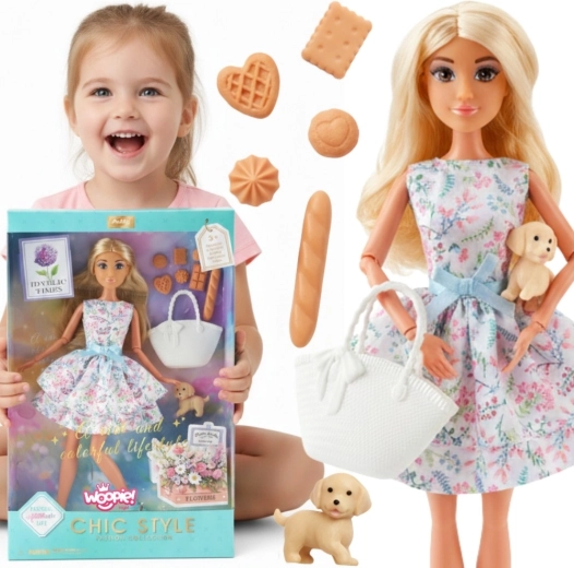 Woopie Royal bábika Lily 30 cm v jarných šatách s piknikovými doplnkami a psíkom