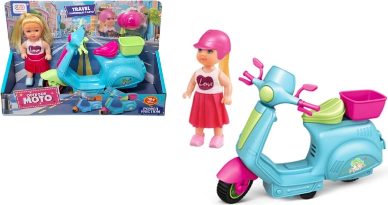 Bábika na skútri s košíkom a prilbou