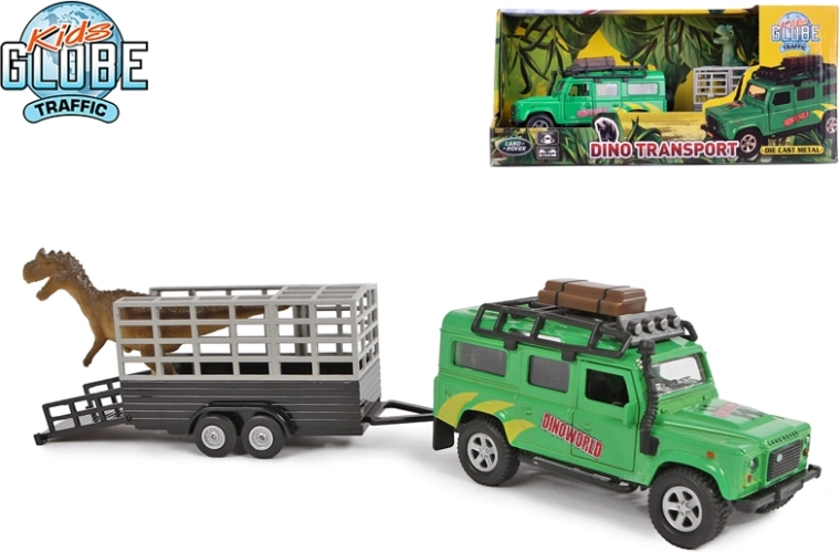 Kids Globe Traffic terénne auto LAND ROVER s prívesom a dinosaurom 28 cm, kov, spätný chod