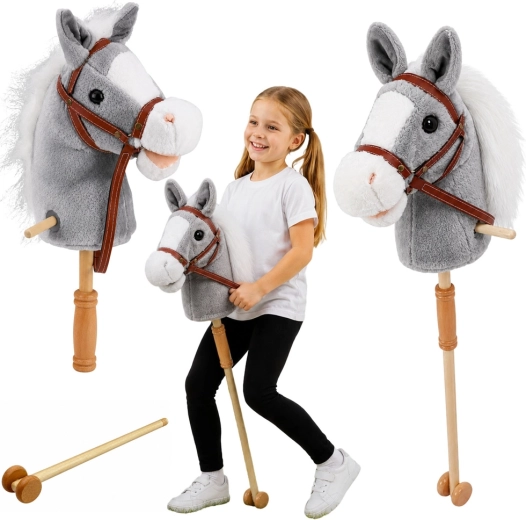 Hobby horse sivý kôň na tyči 100 cm so zvukmi a kolieskami