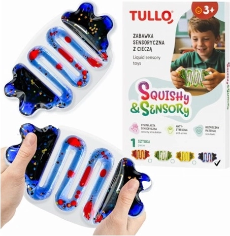 Senzorická mačkacia antistresová loptička s modrou tekutinou a trblietkami
