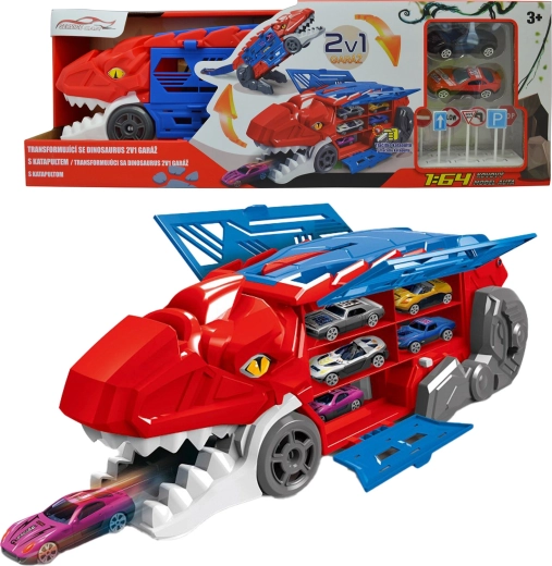 Transformujúci sa dinosaurus 2v1 s garážou a katapultom
