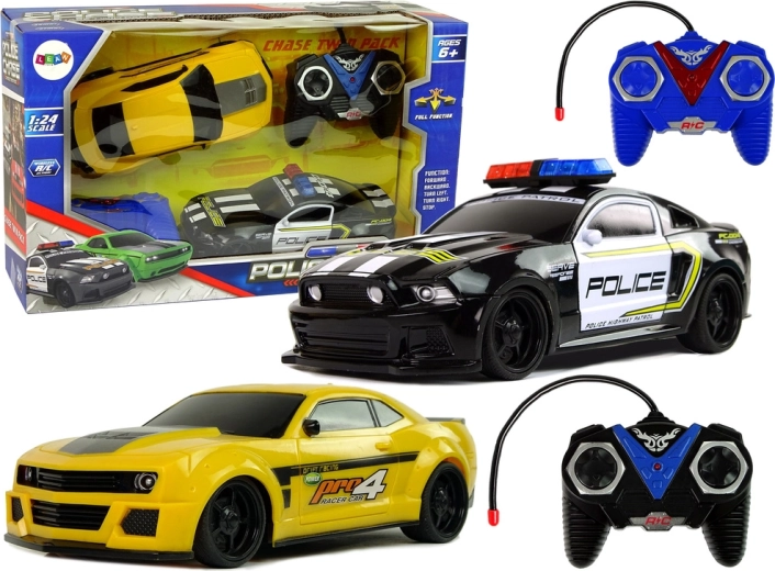 R/C sada autíčok na policajnú naháňačku – policajné auto a žlté športové auto s 2 ovládačmi