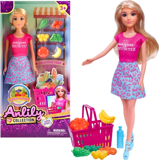 Bábika s nákupným košíkom a predajňou ovocia a zeleniny