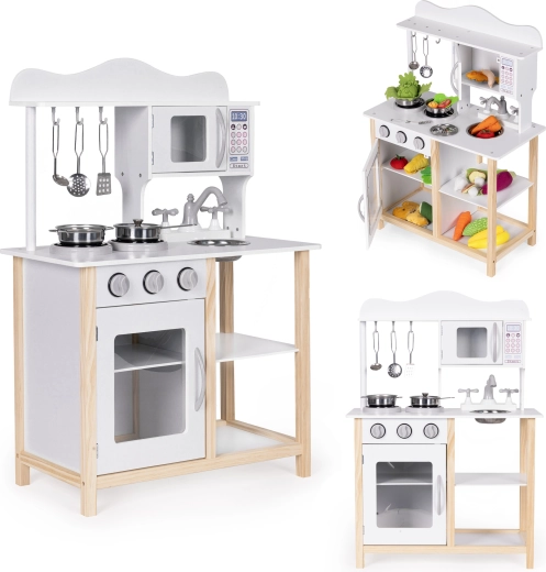 Drevená detská kuchynka s rúrou a príslušenstvom Ecotoys biela