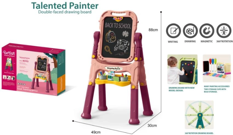 Detská umelecká tabuľa 48 ks – ružová, obojstranná kriedová a magnetická