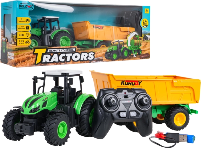 Diaľkovo ovládaný traktor so žltým sklápacím prívesom 1:24