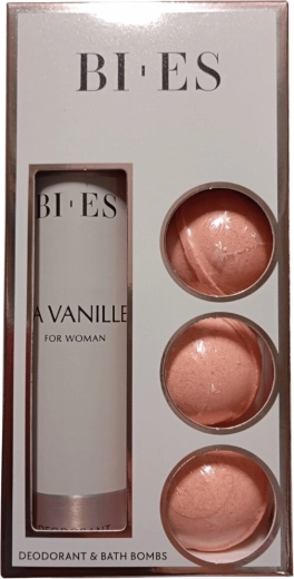 Darčeková sada BI-ES La Vanille pre ženy – 3x šumivá bomba do kúpeľa + deodorant v spreji