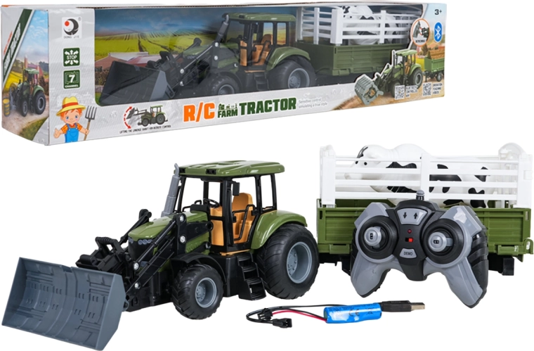 Zelený diaľkovo ovládaný traktor s prívesom a býkom 1:20
