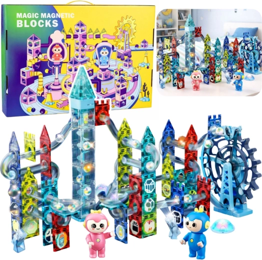 Magnetické stavebnice – guľôčková dráha s ruským kolesom, 118 dielov