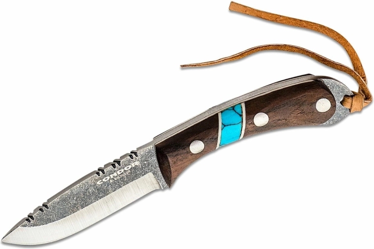 Závesný nôž na krk CONDOR Blue River 5,9 cm, orechové drevo, tyrkys, kožené puzdro