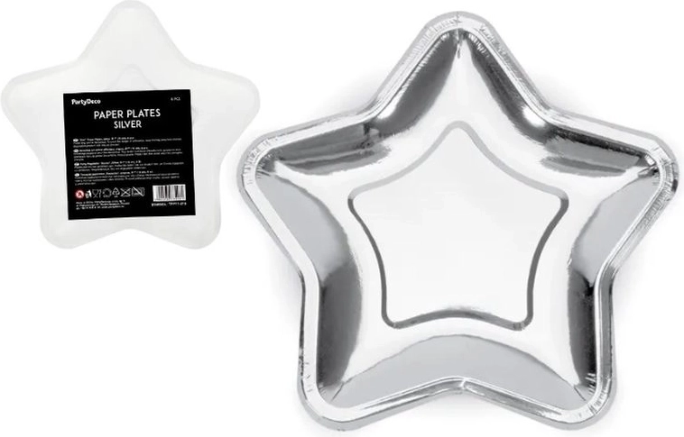 Papierové tanieriky v tvare hviezdy strieborné 18 cm (6 ks)