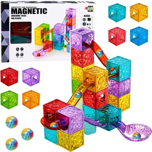 Magnetické stavebné kocky – guľôčková dráha, farebné priehľadné kocky (28 dielov)