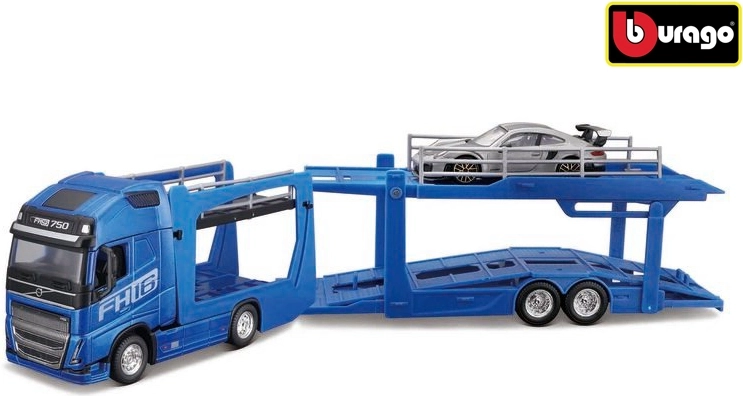 Bburago Street Fire nákladné vozidlo s návesom Volvo FH16 a Porsche 911 GT2 RS v mierke 1:43