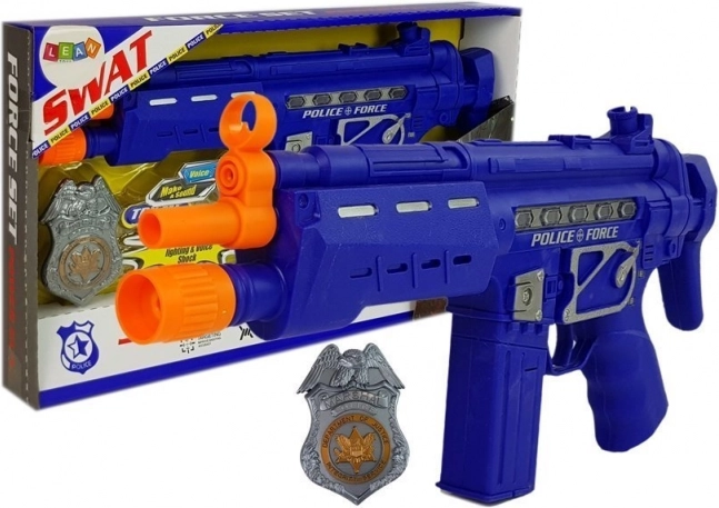 Policajná súprava pištoľ odznak námornícka modrá zvukové svetelné efekty 37 cm